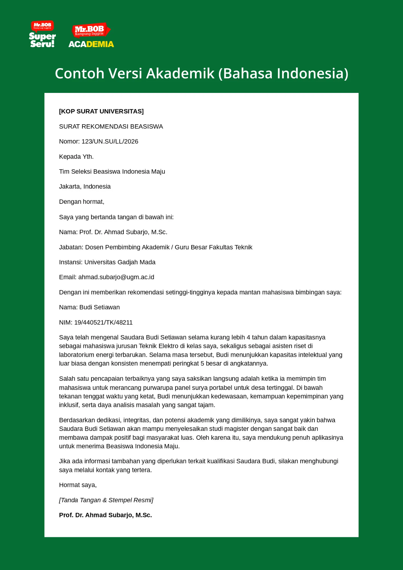 contoh surat rekomendasi beasiswa